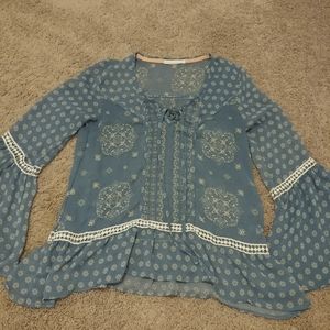 Blue Boho Long sleeve Blouse Shirt